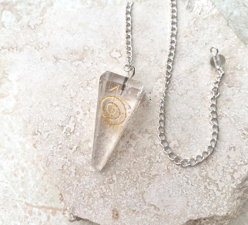 Amethyst / Clear Quartz reiki symbol pendulum