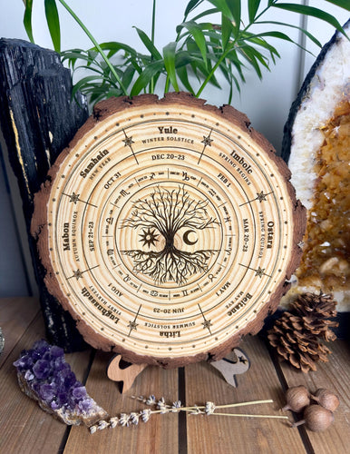 Wheel of the year on wood slice + stand - locally designed and made