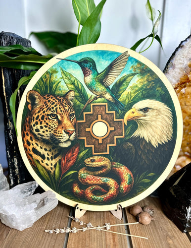 Shamanic wheel with Chakana | 4 directions - jaguar, eagle, hummingbird, snake, 4 winds, printed- Locally made