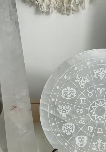 Astrological wheel on selenite charging plate 14cm