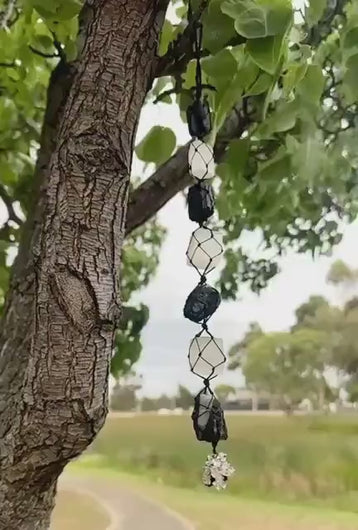 Selenite | Macrame hanger - house protection - Selenite, Raw Black Tourmaline